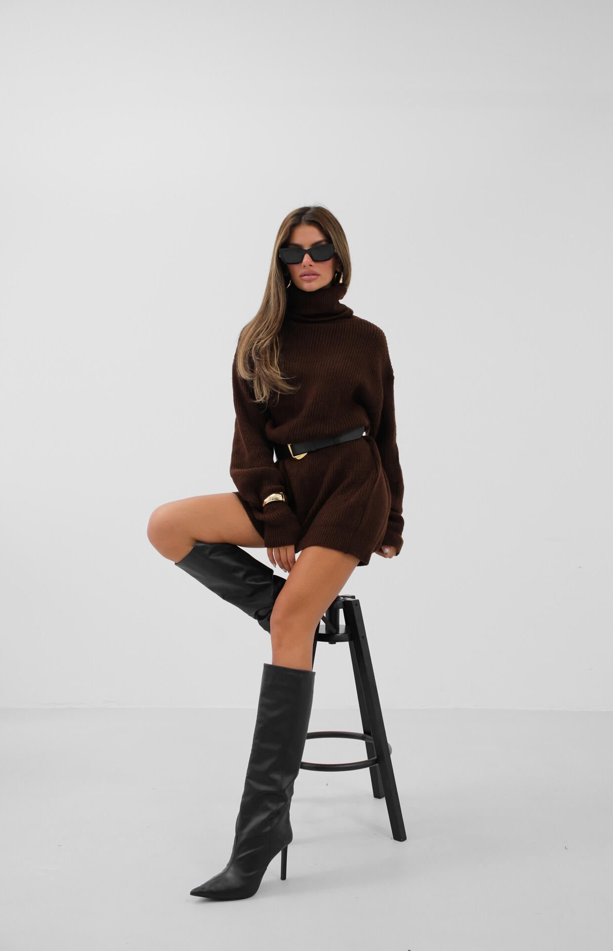 Toptan Oversize Balıkçı Yaka Kahverengi Triko Tunik