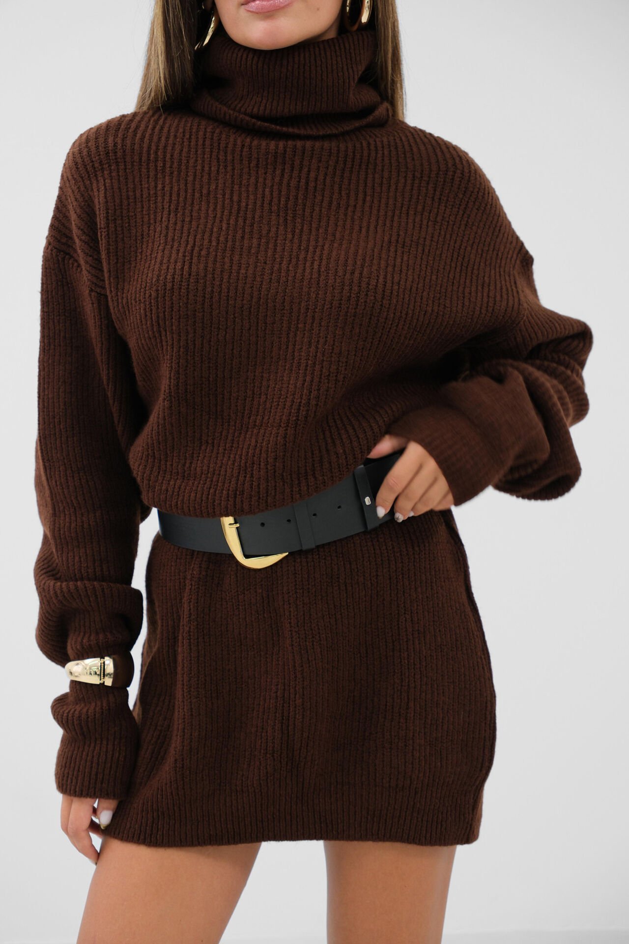 Toptan Oversize Balıkçı Yaka Kahverengi Triko Tunik