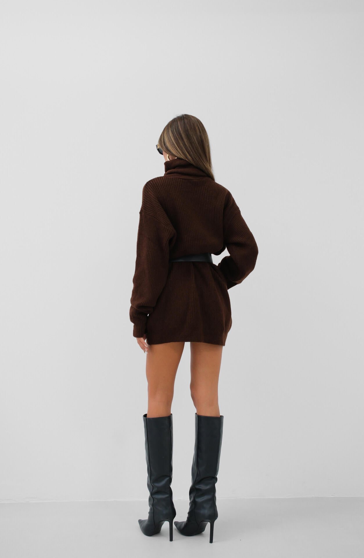 Toptan Oversize Balıkçı Yaka Kahverengi Triko Tunik