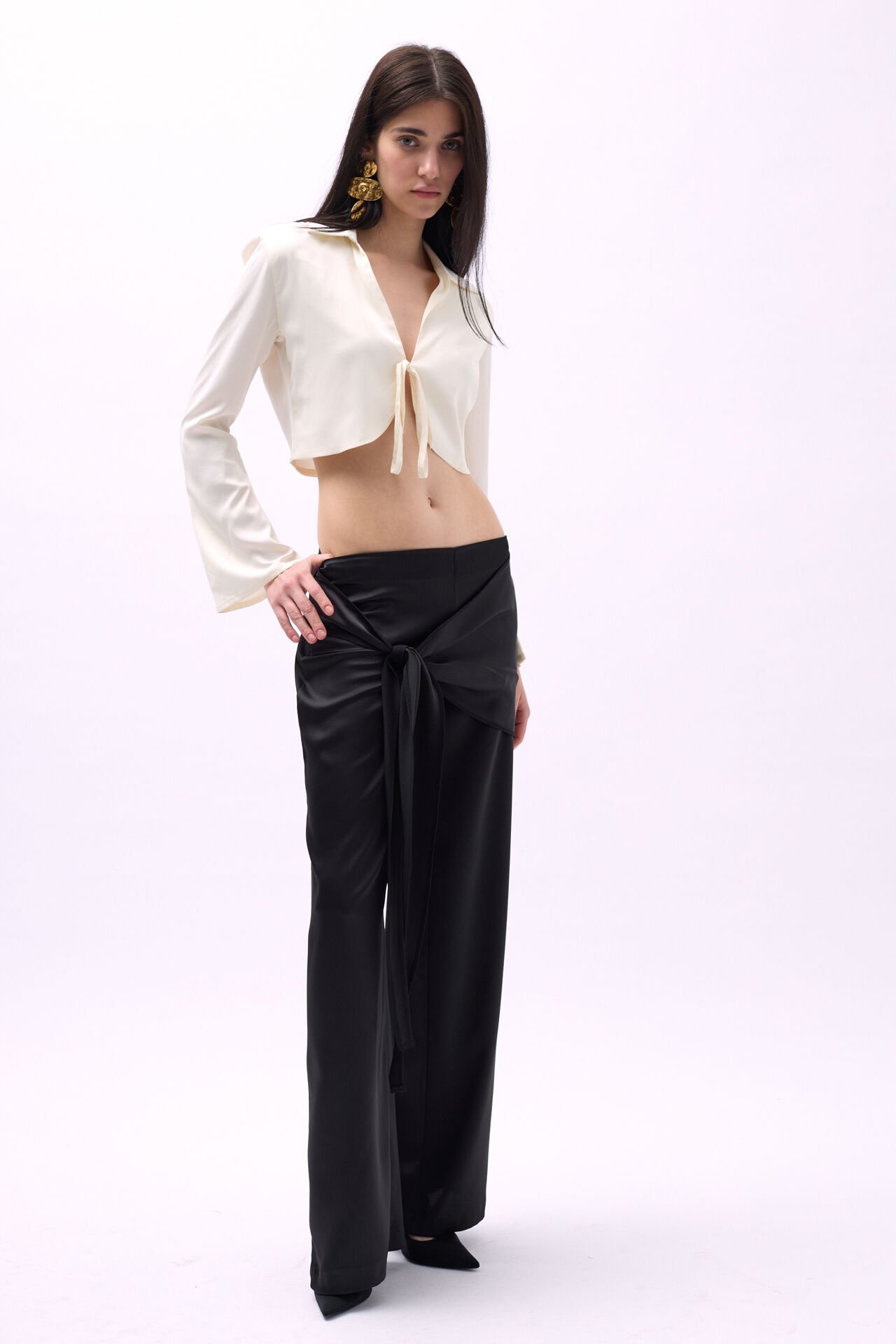 Wholesale Front Tie Black Satin Trousers