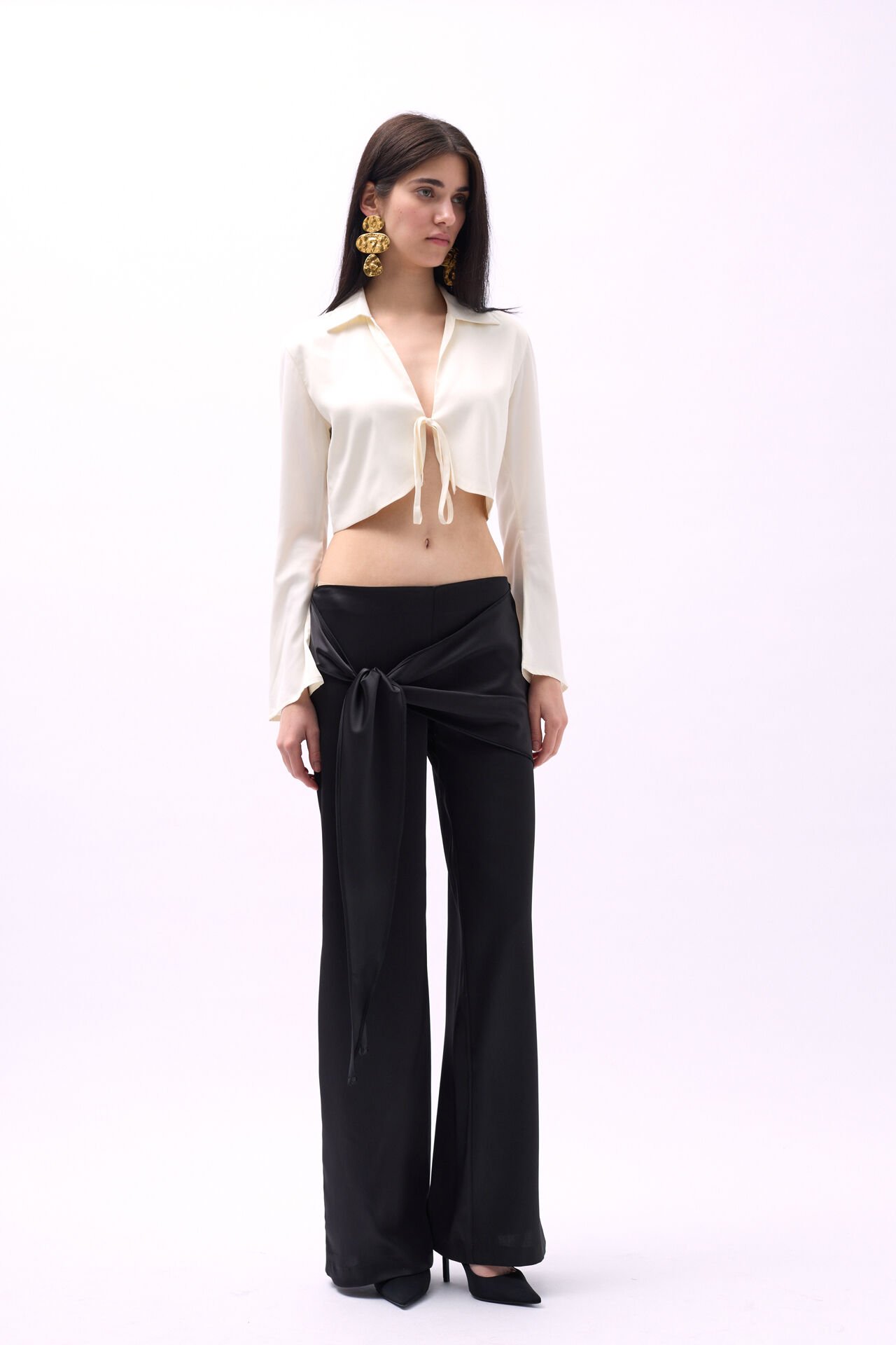 Wholesale Front Tie Black Satin Trousers