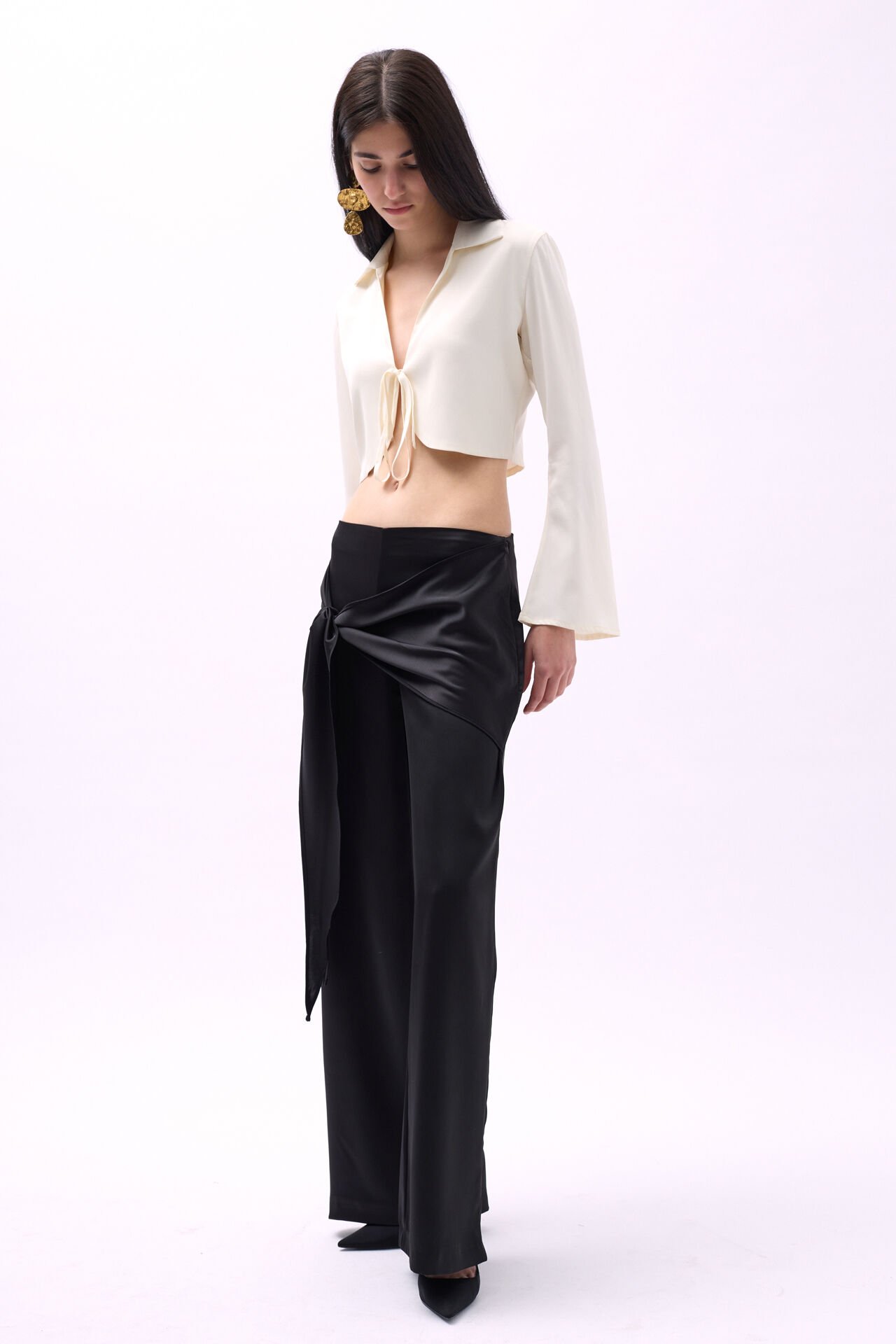 Wholesale Front Tie Black Satin Trousers