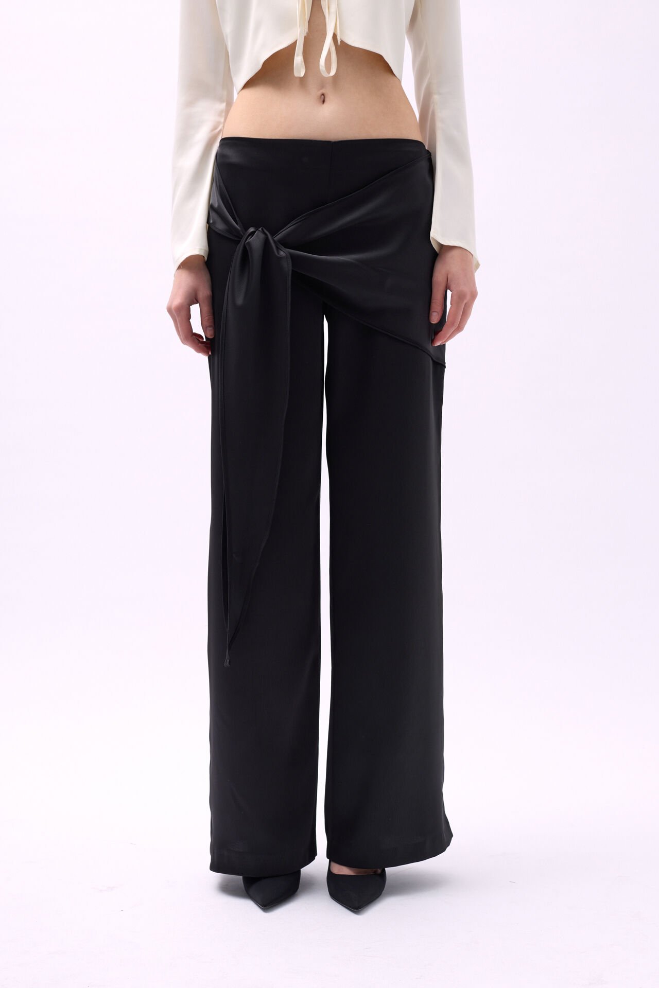 Wholesale Front Tie Black Satin Trousers