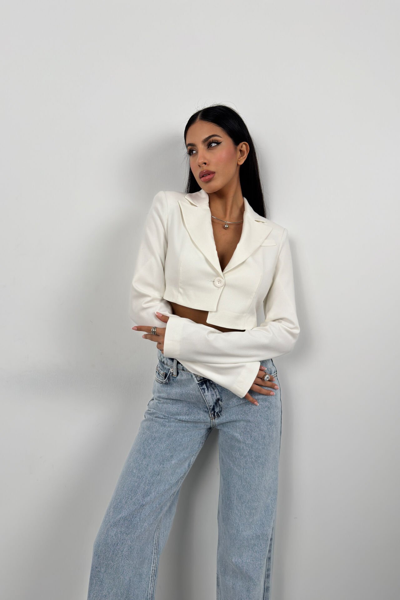 Wholesale Asymmetrical Single Button White Jacket