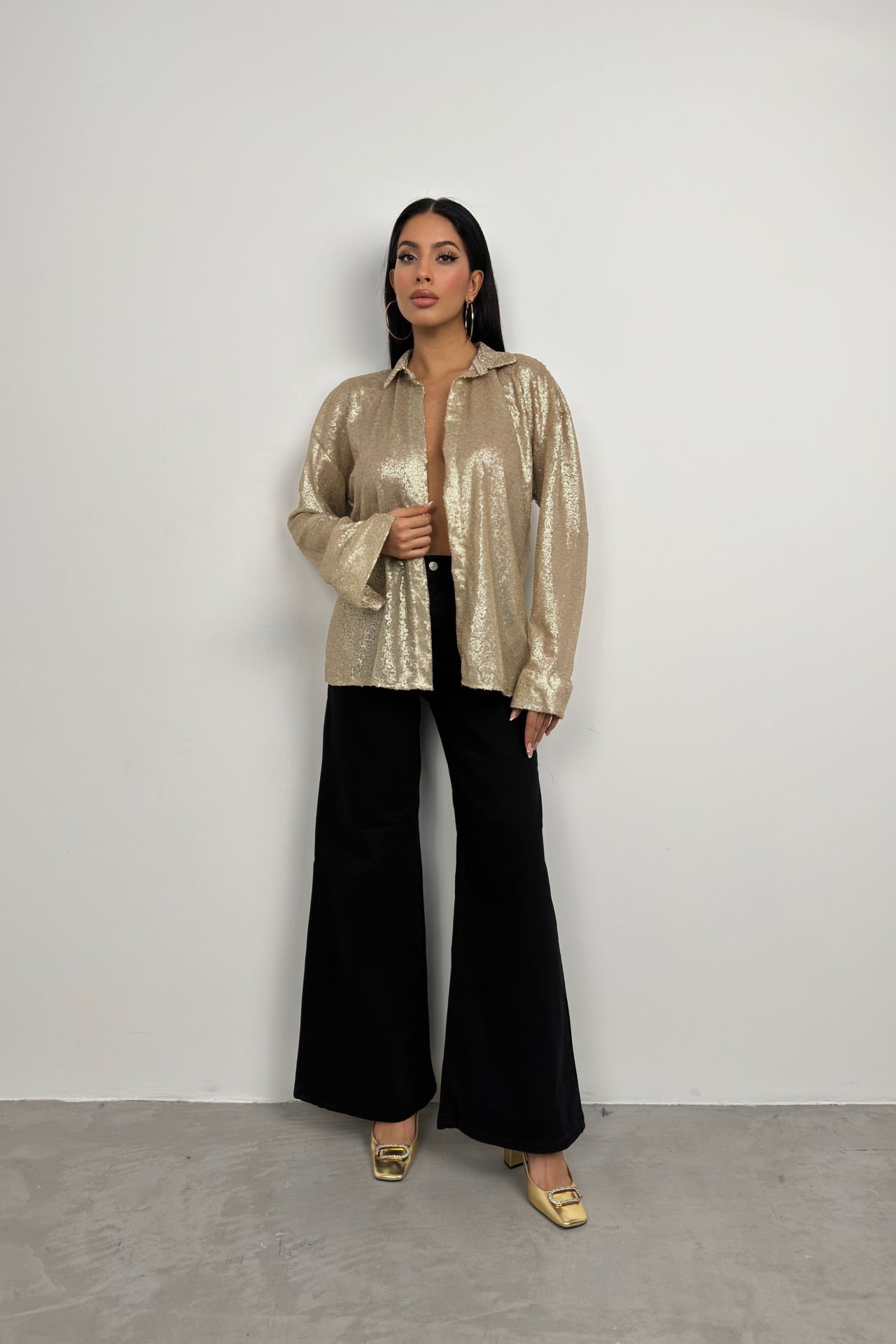 Toptan Payetli Gold Oversize Gömlek