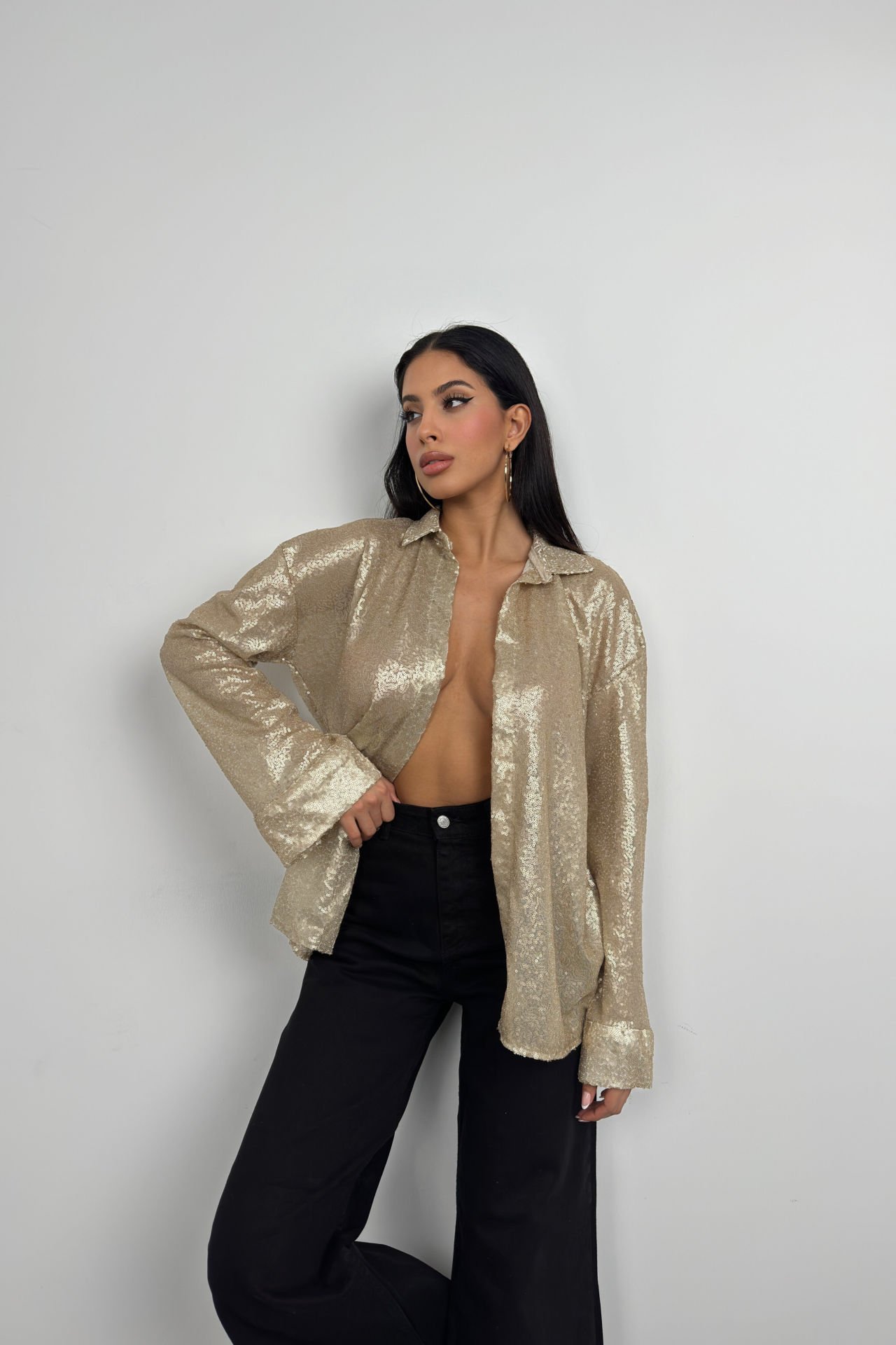 Toptan Payetli Gold Oversize Gömlek