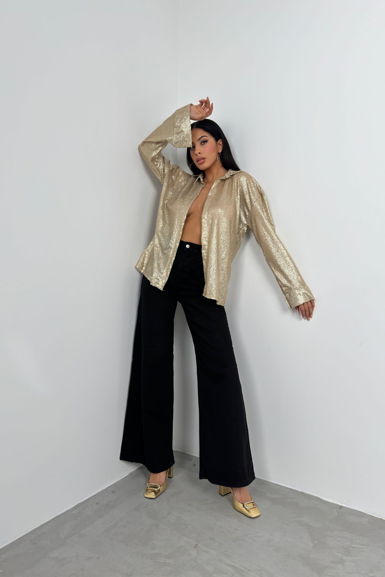 Toptan Payetli Gold Oversize Gömlek