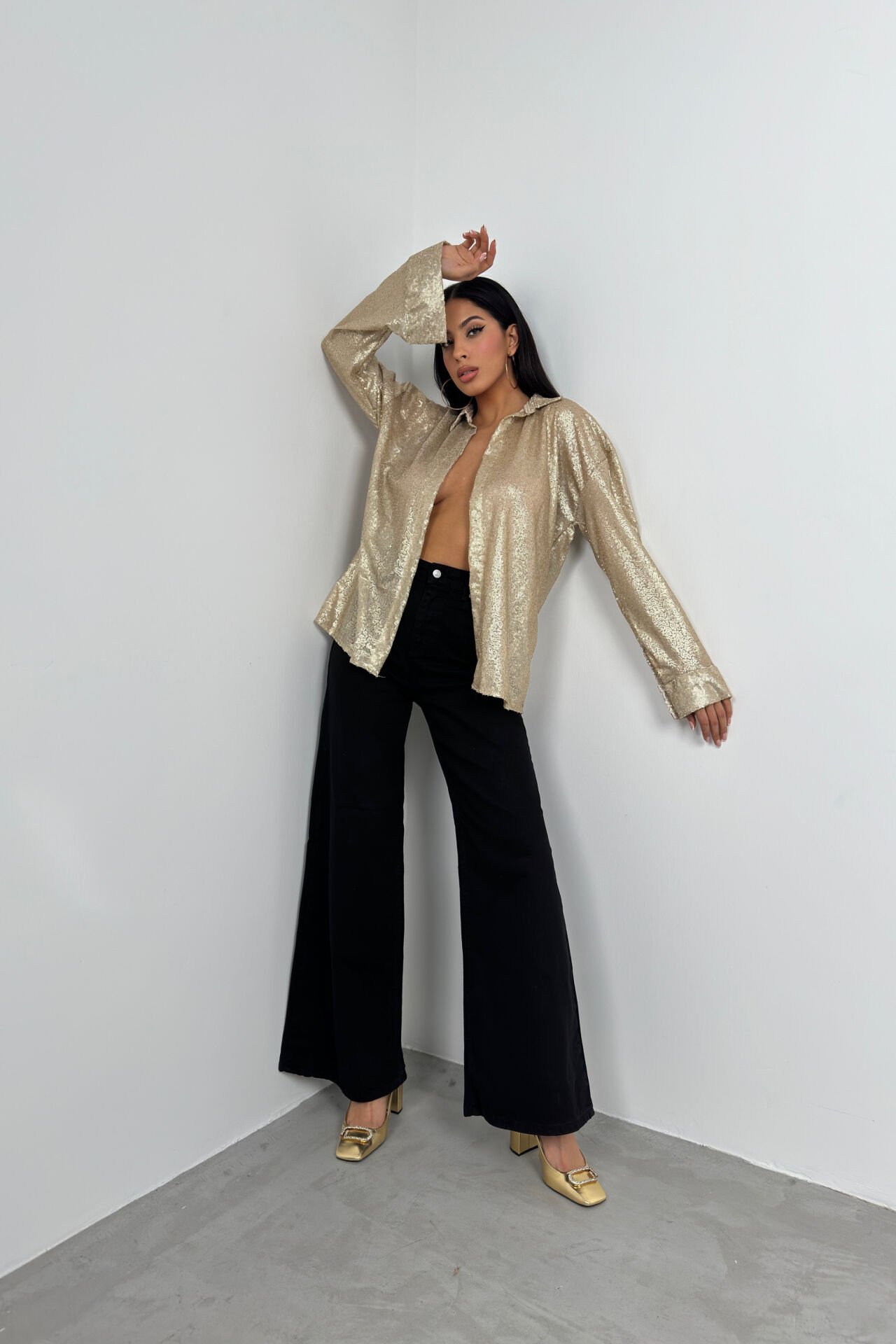 Toptan Payetli Gold Oversize Gömlek