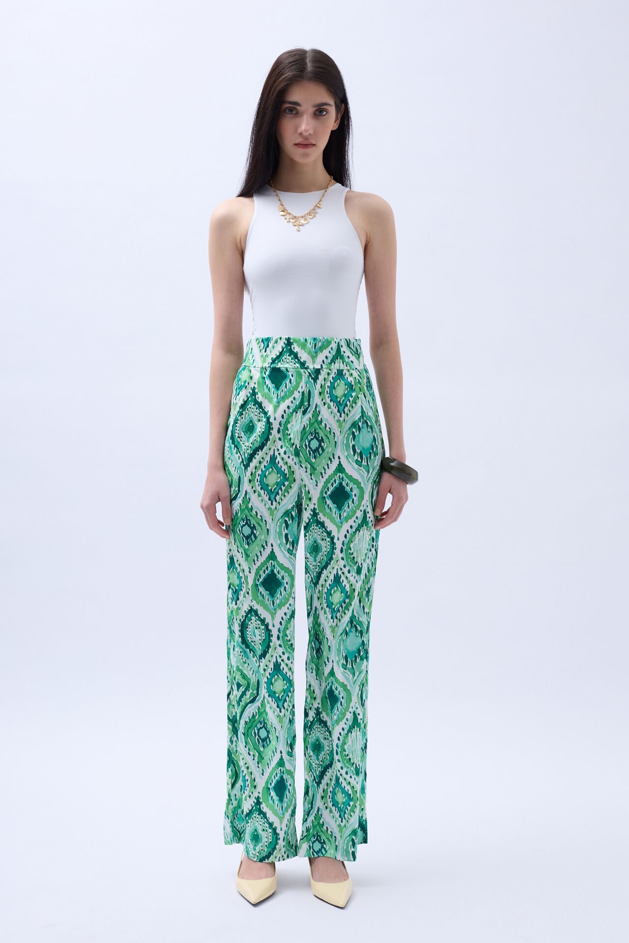 Toptan Desenli Saten Yeşil Pantolon
