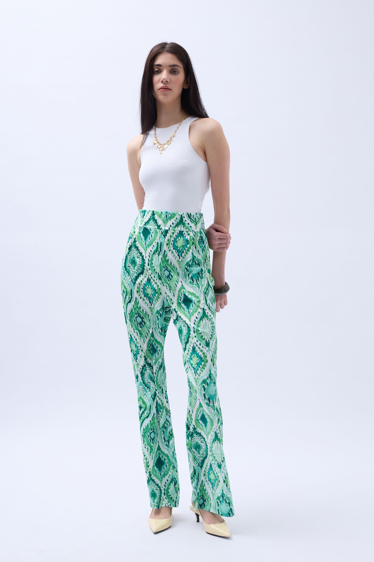 Toptan Desenli Saten Yeşil Pantolon