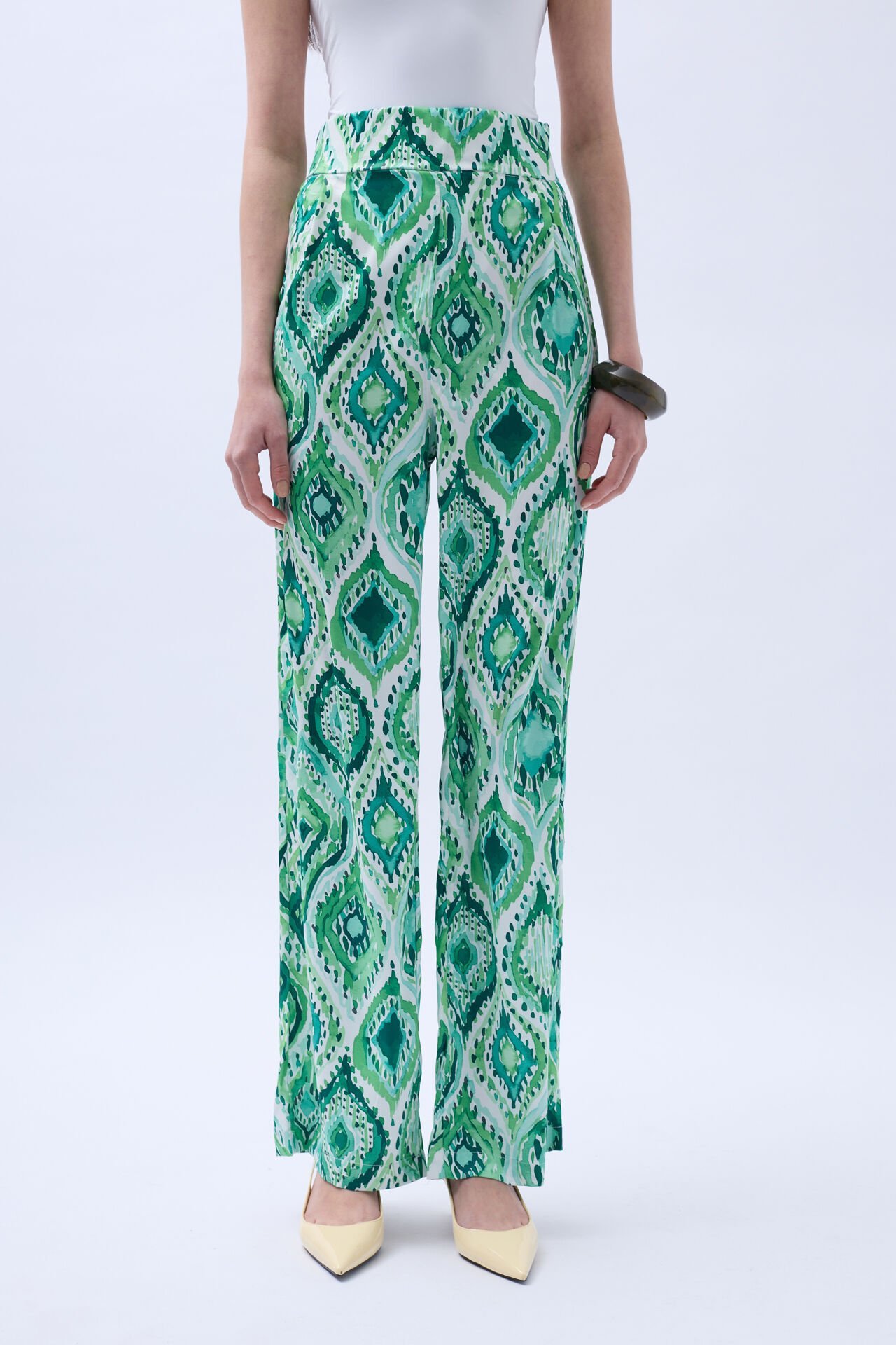 Toptan Desenli Saten Yeşil Pantolon