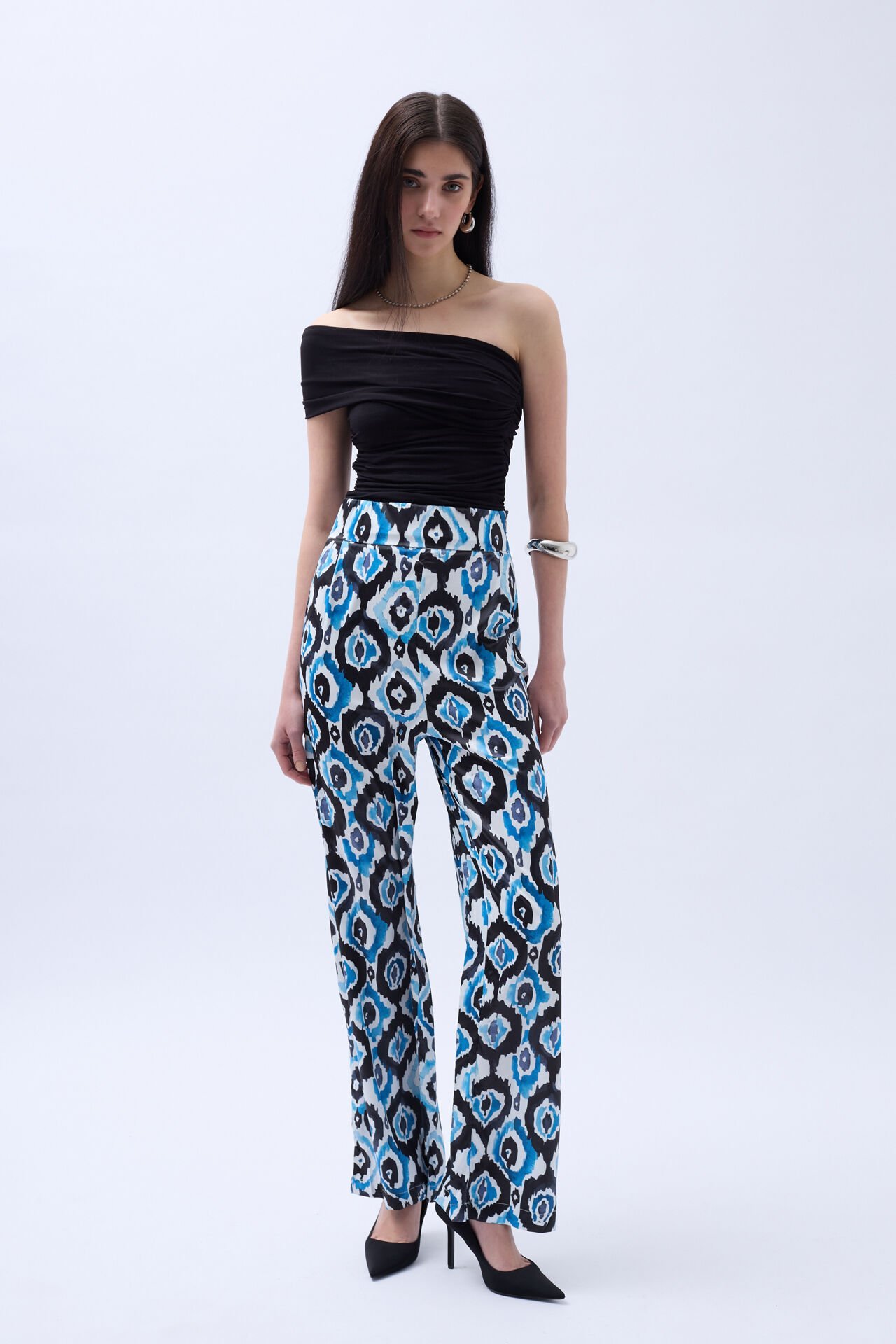 Toptan Desenli Saten Mavi Pantolon