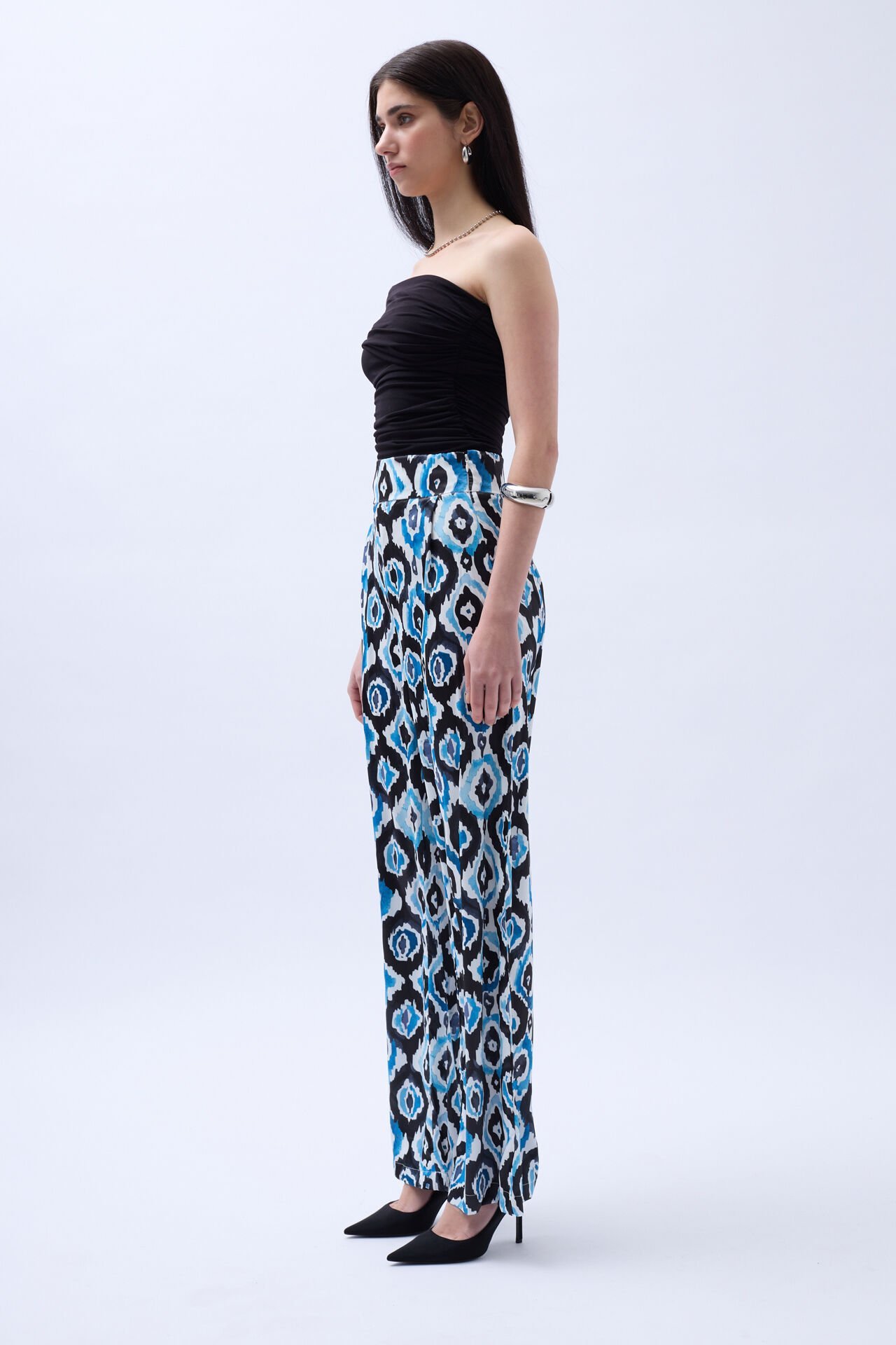 Toptan Desenli Saten Mavi Pantolon