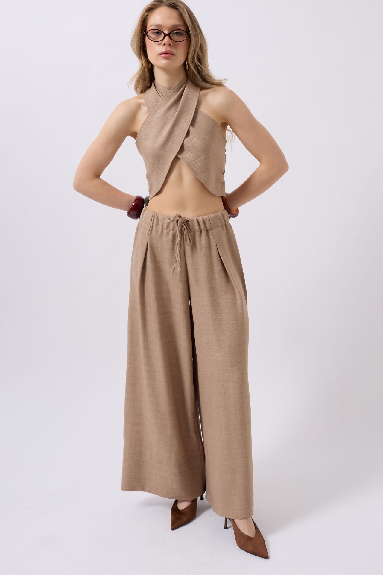 Toptan Düşük Bel Oversize Keten Vizon Pantolon