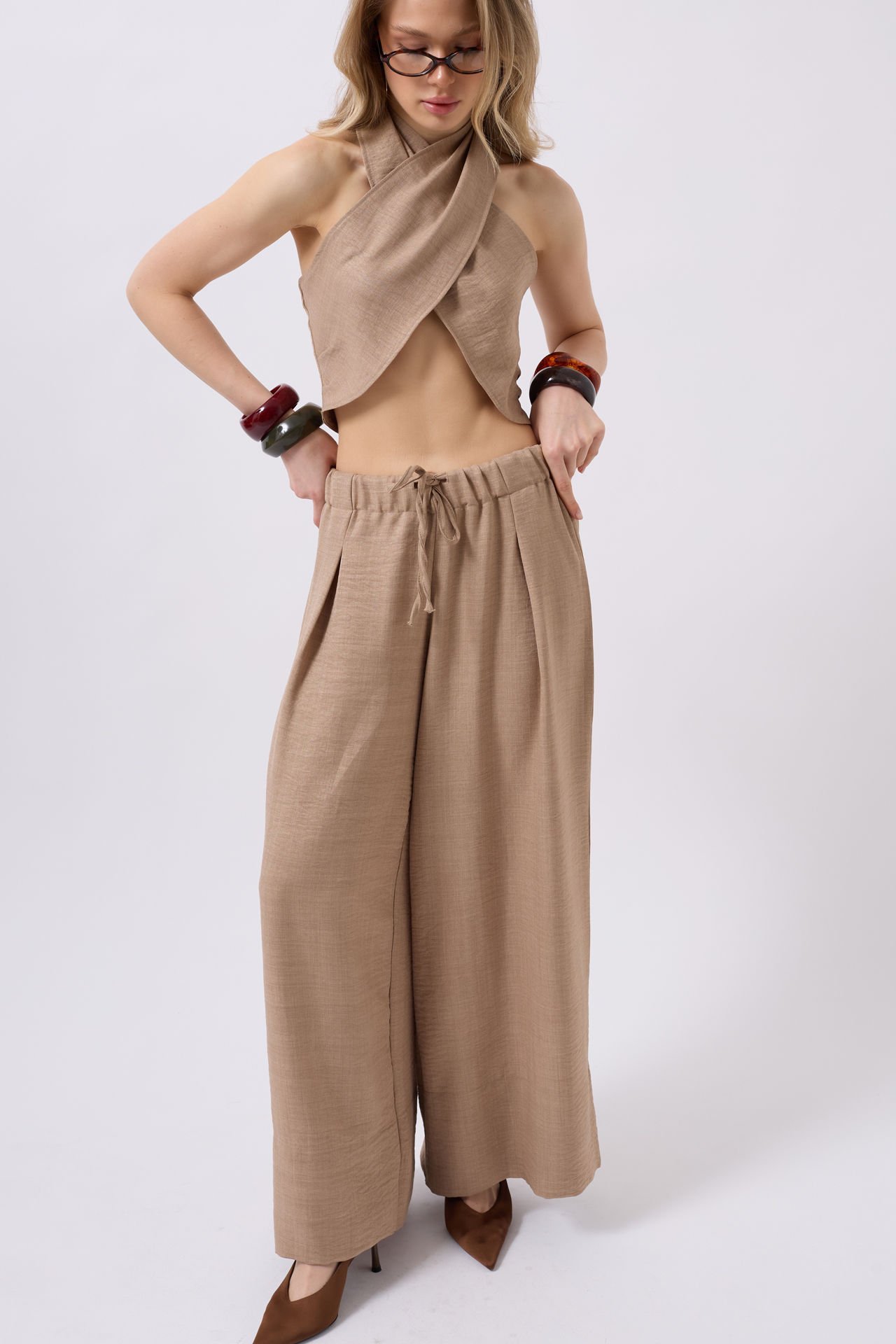 Toptan Düşük Bel Oversize Keten Vizon Pantolon