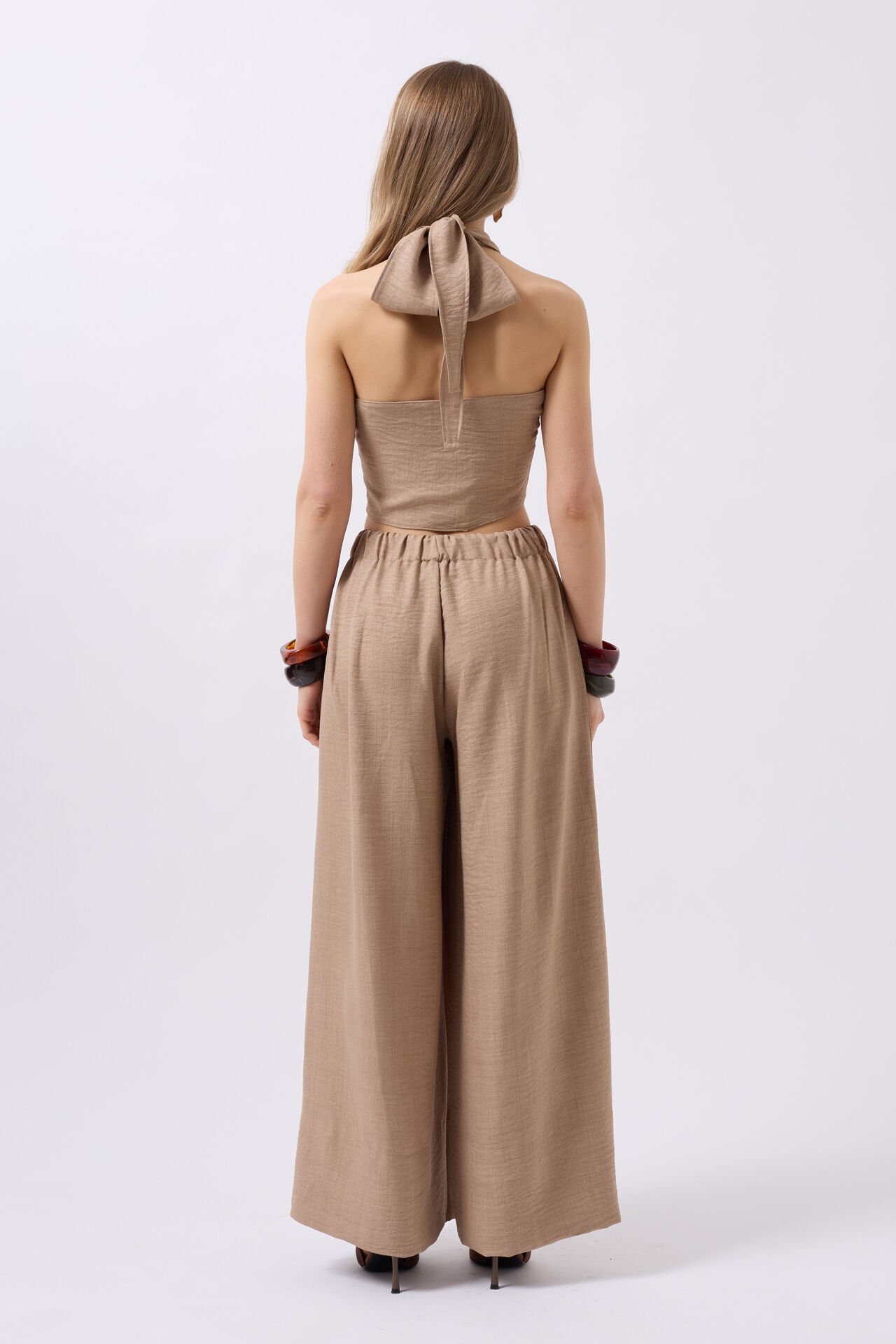 Toptan Düşük Bel Oversize Keten Vizon Pantolon