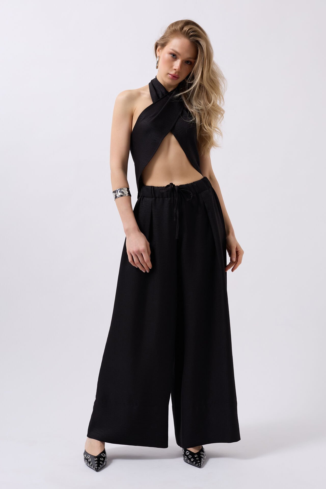 Toptan Düşük Bel Oversize Keten Siyah Pantolon