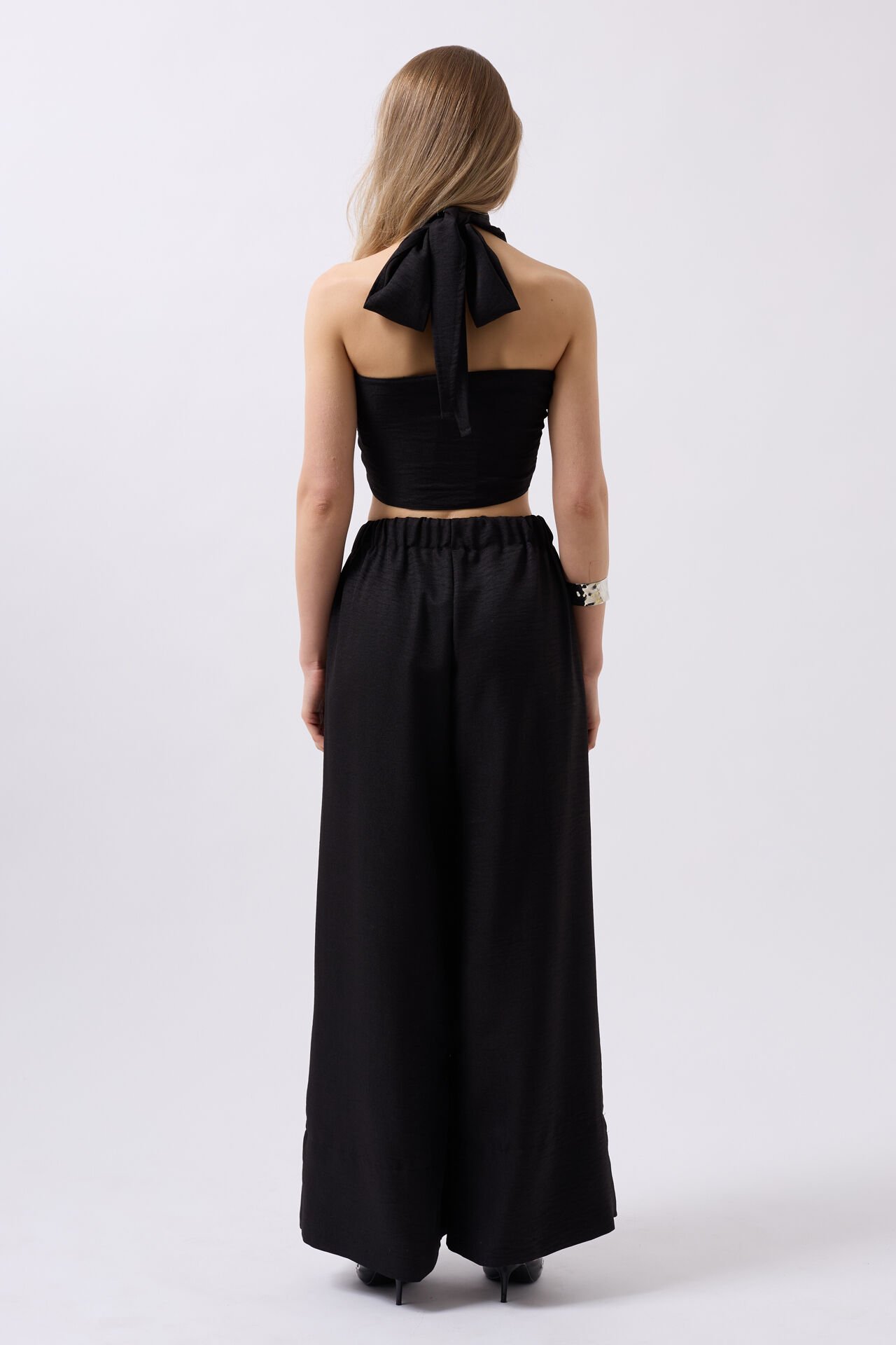 Toptan Düşük Bel Oversize Keten Siyah Pantolon