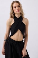 Toptan Çapraz Bağlamalı Keten Siyah Crop