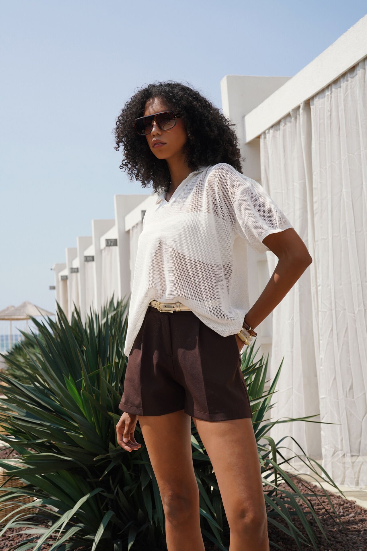Wholesale Pleated High Waist Brown Shorts