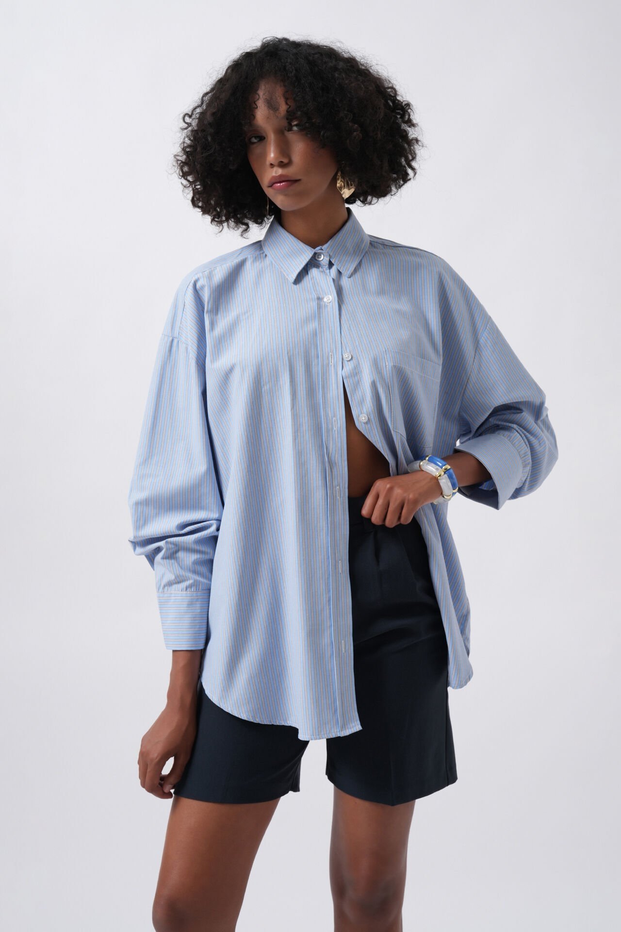 Wholesale Striped Pocket Detail Blue Shirt