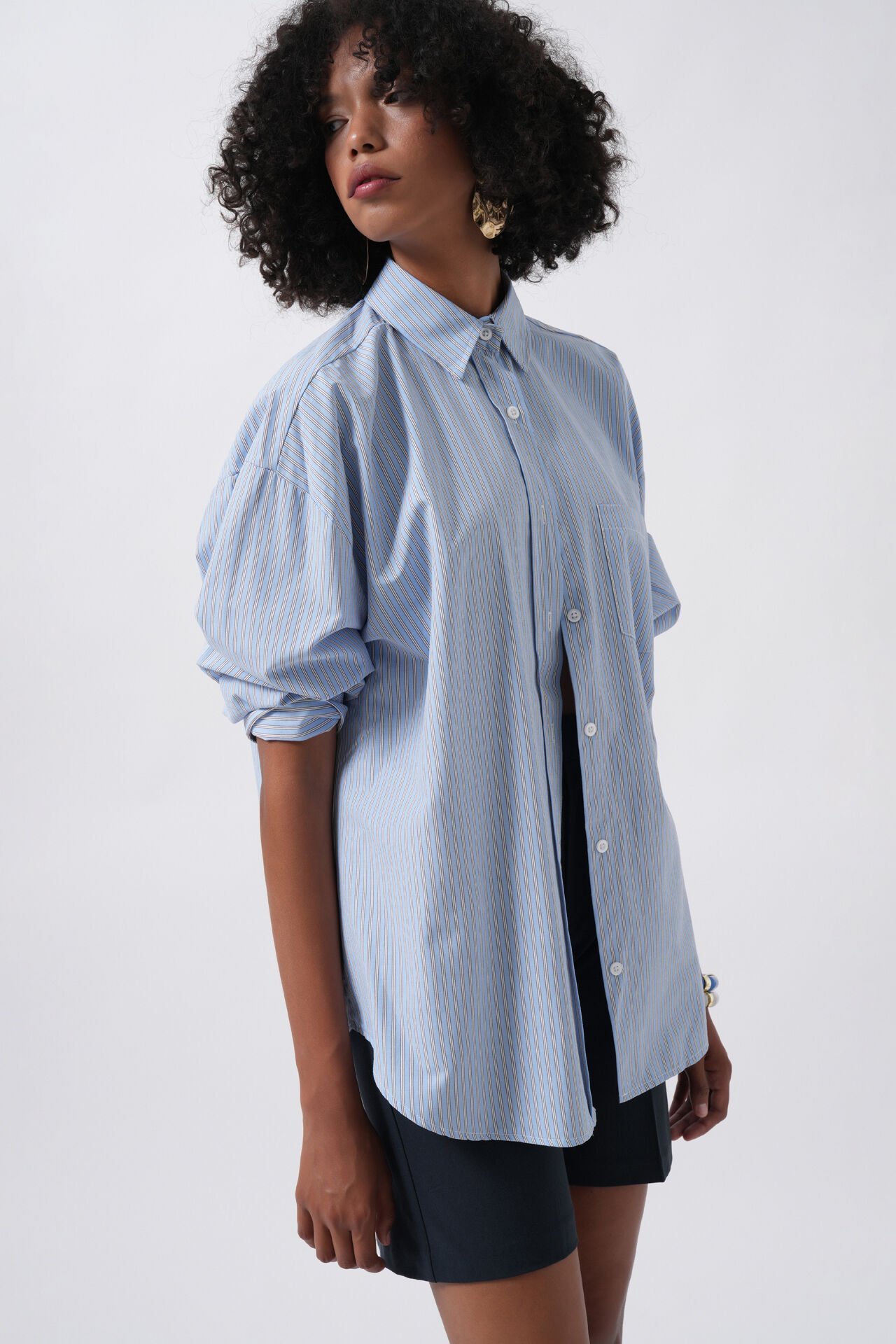 Wholesale Striped Pocket Detail Blue Shirt