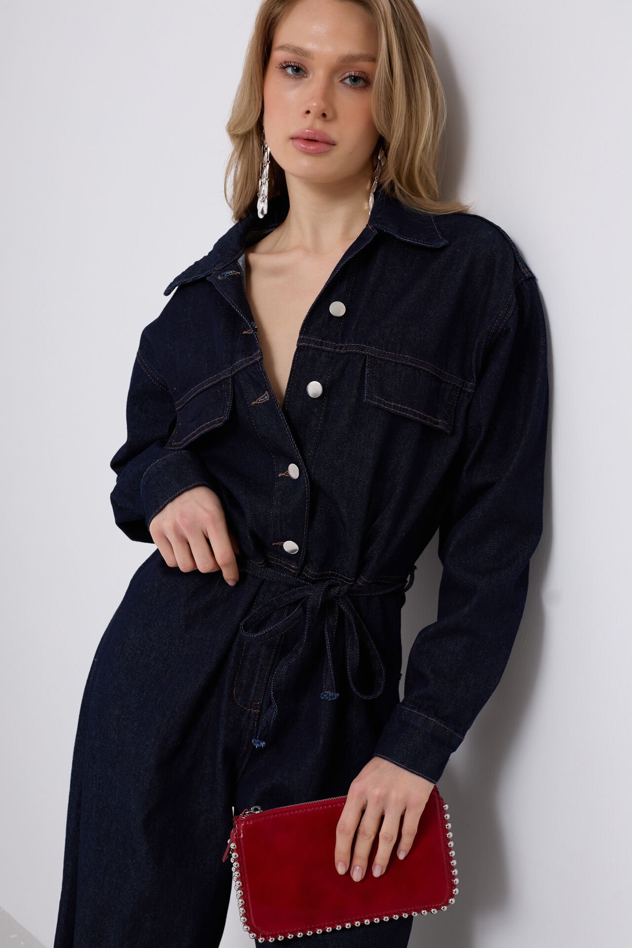 Toptan Düğme Detaylı Denim Lacivert Tulum