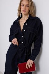 Toptan Düğme Detaylı Denim Lacivert Tulum