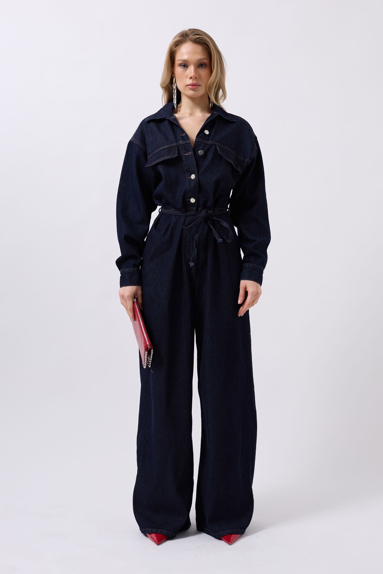 Toptan Düğme Detaylı Denim Lacivert Tulum