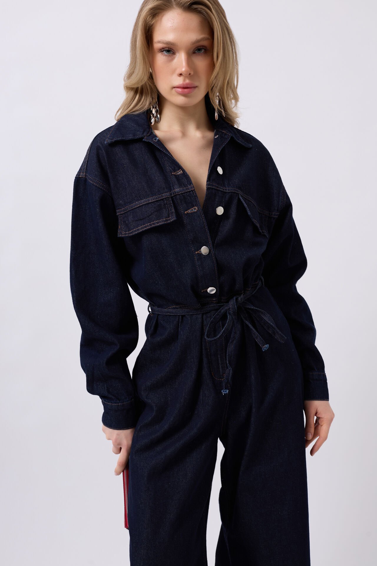 Toptan Düğme Detaylı Denim Lacivert Tulum