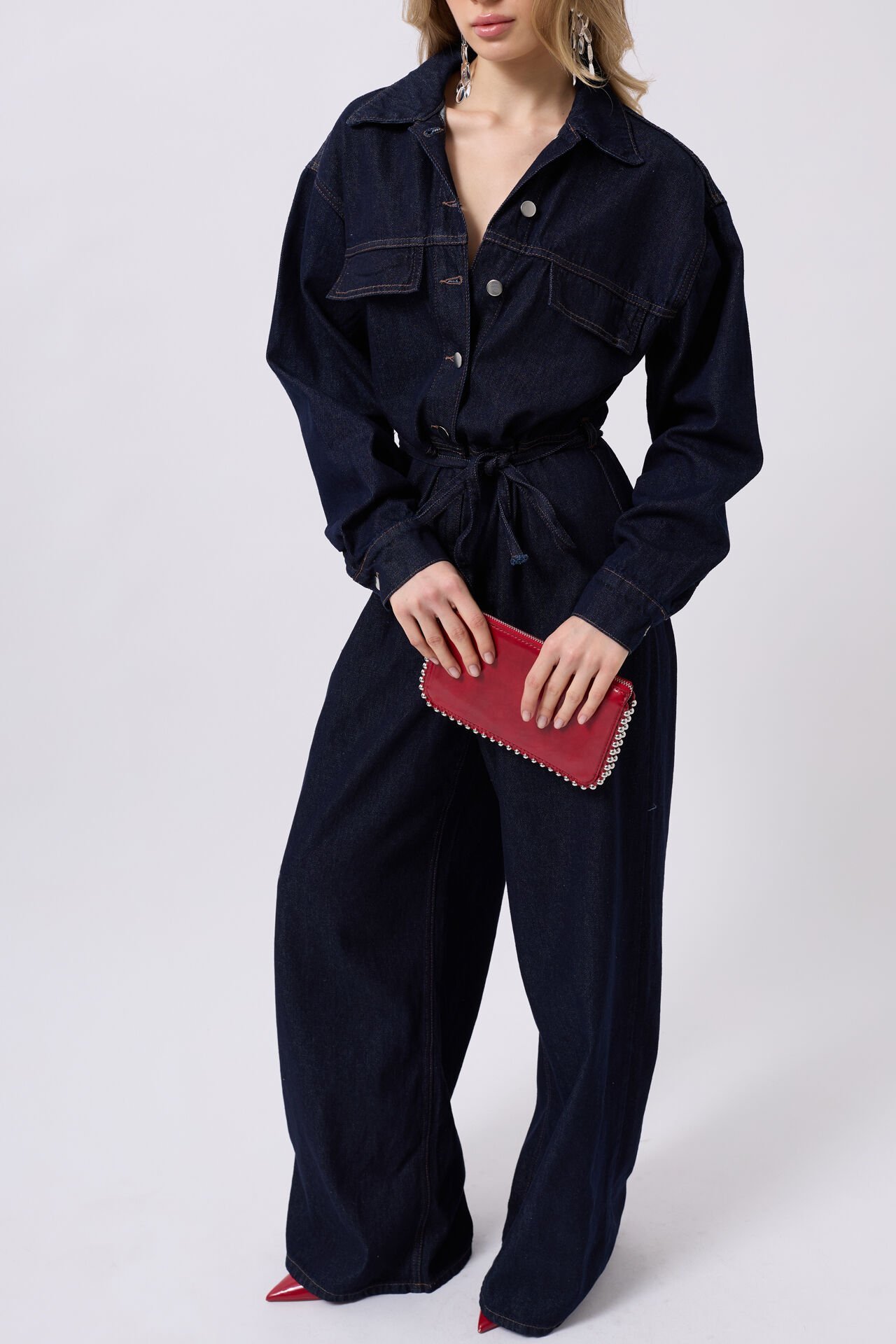 Toptan Düğme Detaylı Denim Lacivert Tulum