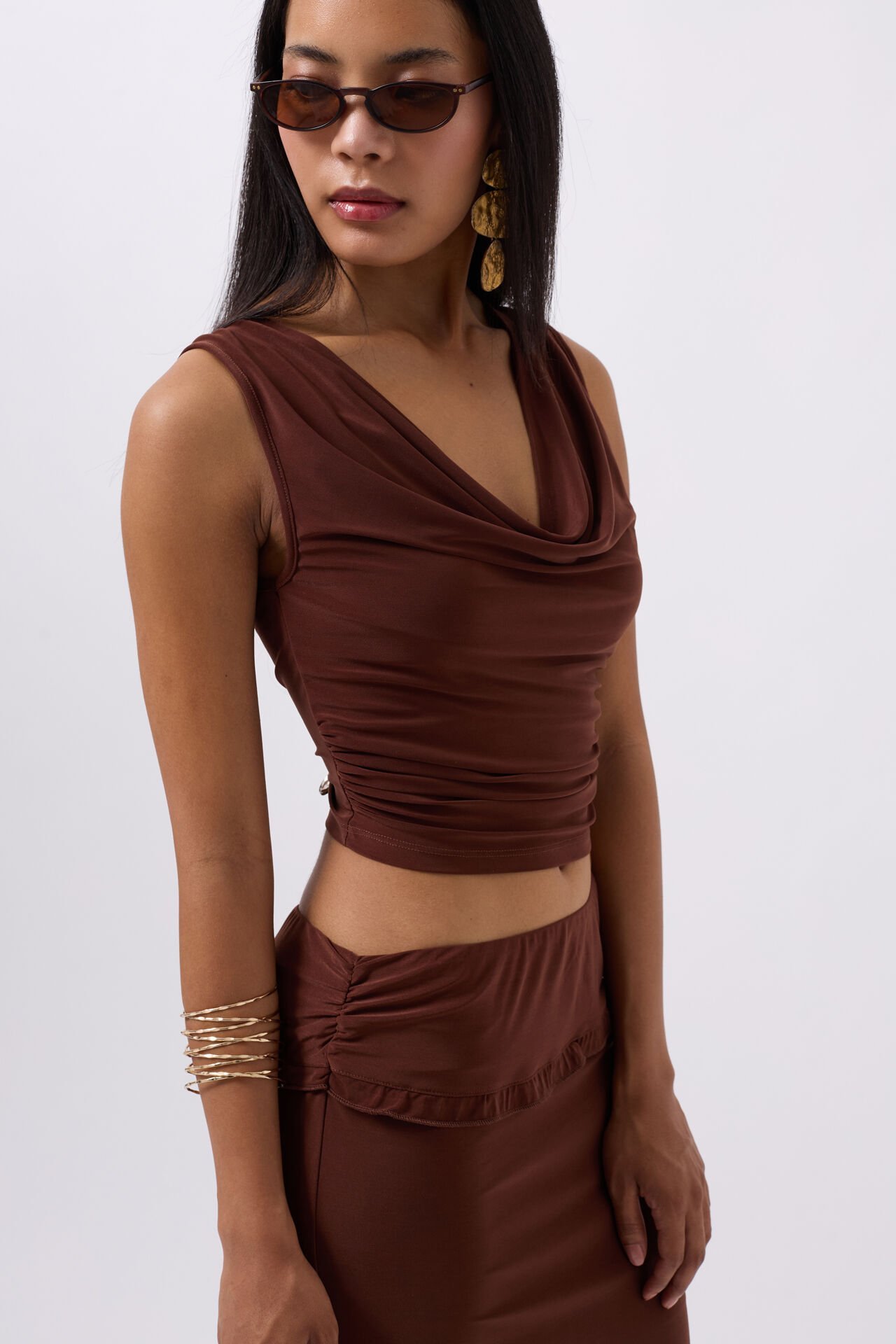 Toptan Degaje Yaka Kahverengi Crop