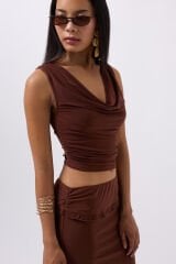 Toptan Degaje Yaka Kahverengi Crop
