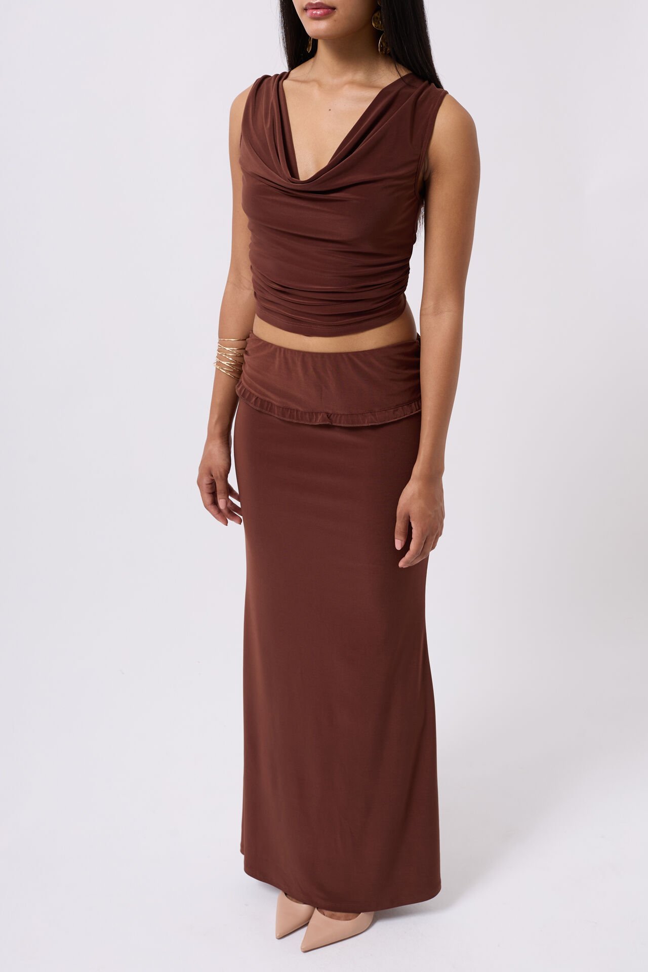 Toptan Degaje Yaka Kahverengi Crop