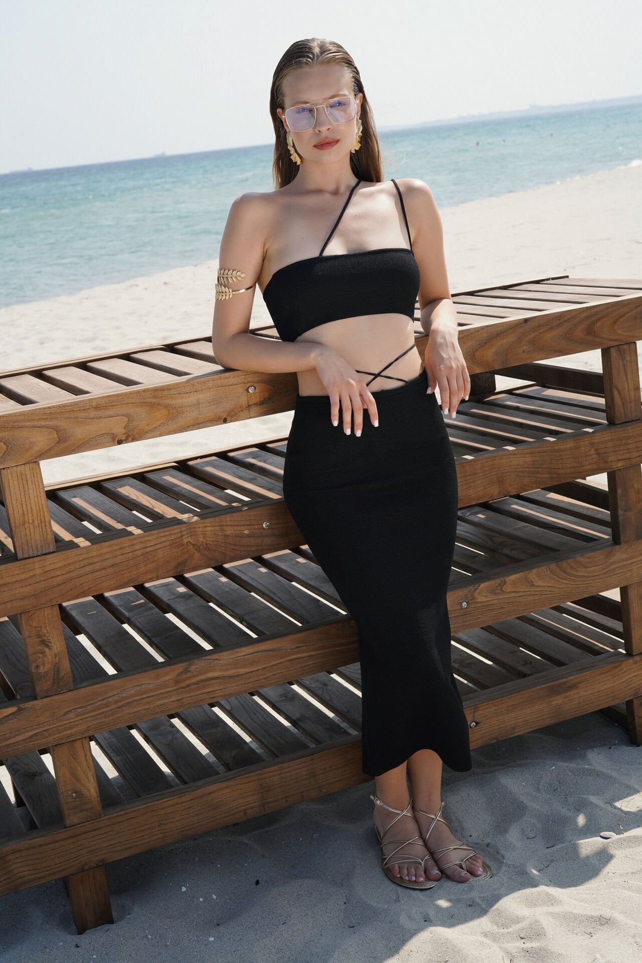 Toptan İp Detay Dokulu Siyah Maxi Etek