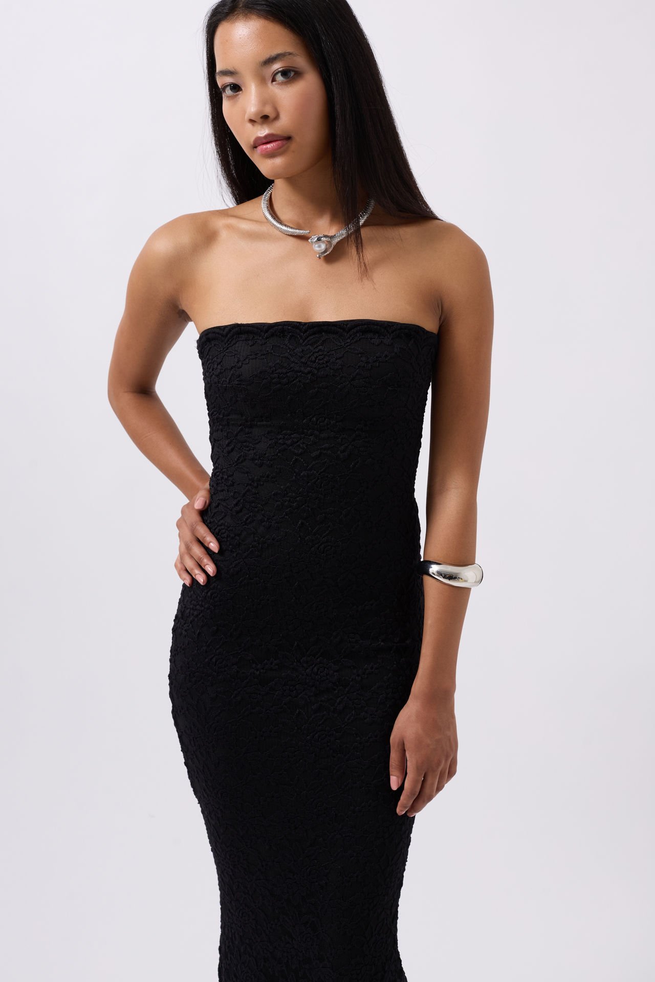 Toptan Straplez Dantel Maxi Siyah Elbise