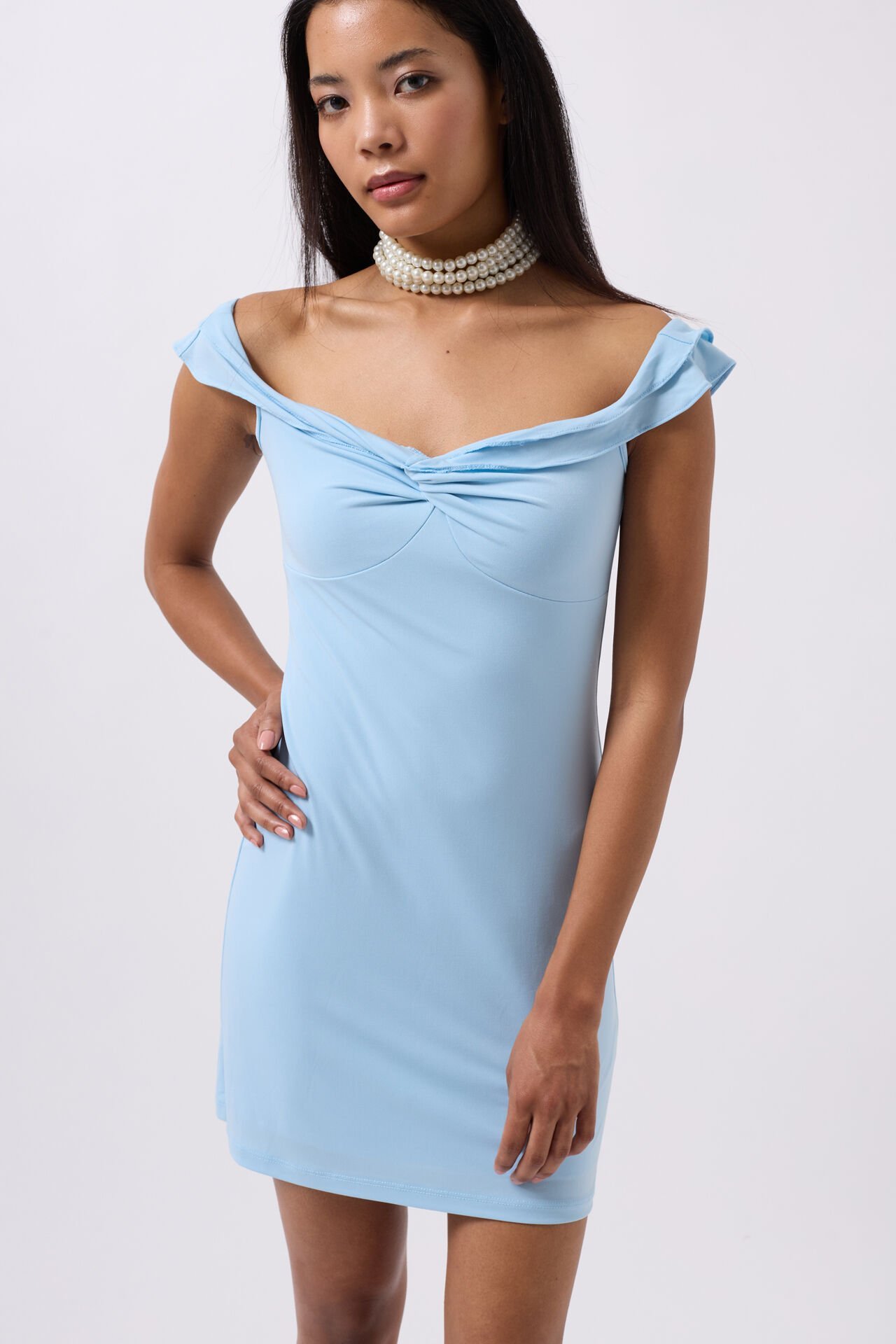 Wholesale Shirring Detail Shoulder Strap Mini Baby Blue Dress
