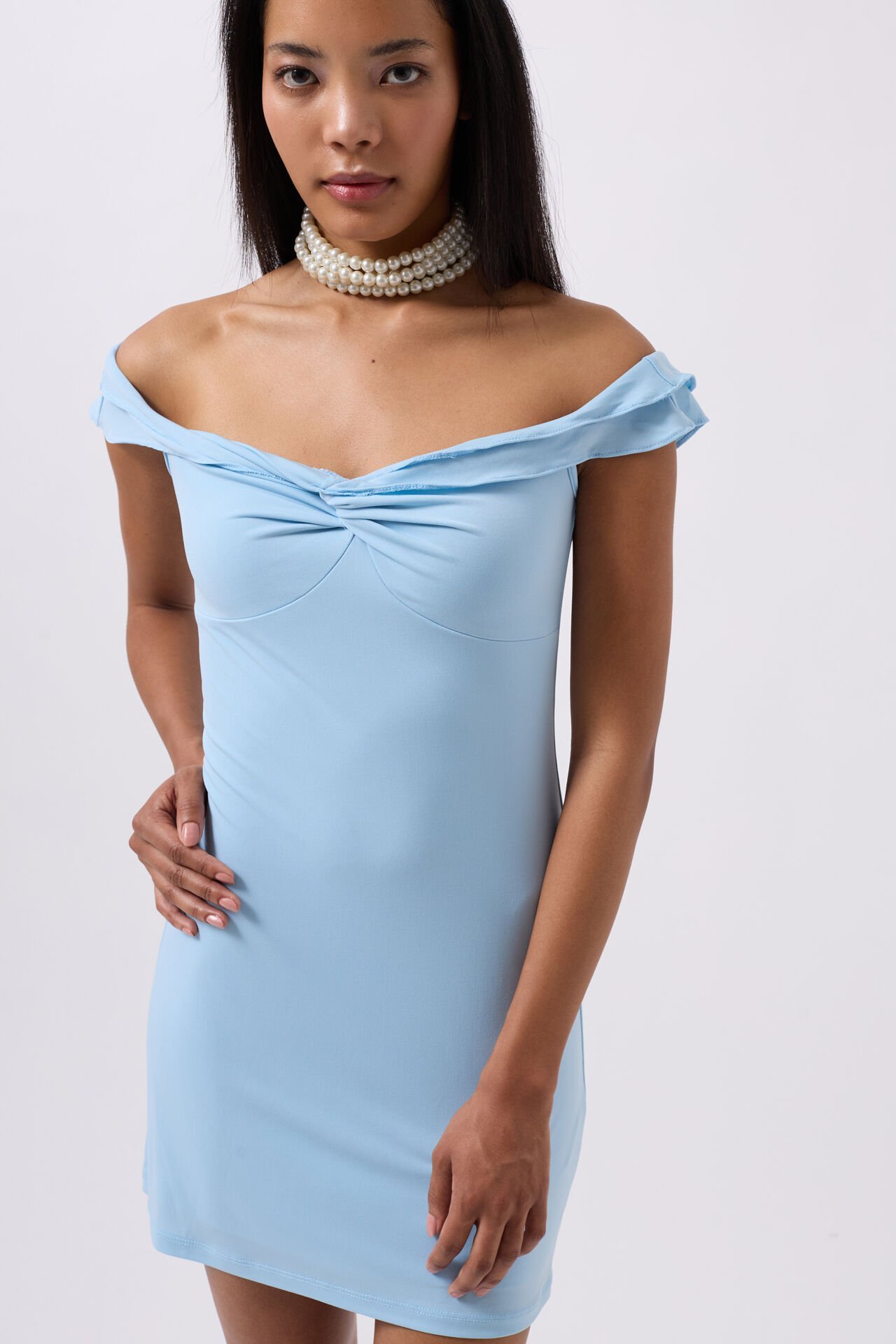 Wholesale Shirring Detail Shoulder Strap Mini Baby Blue Dress
